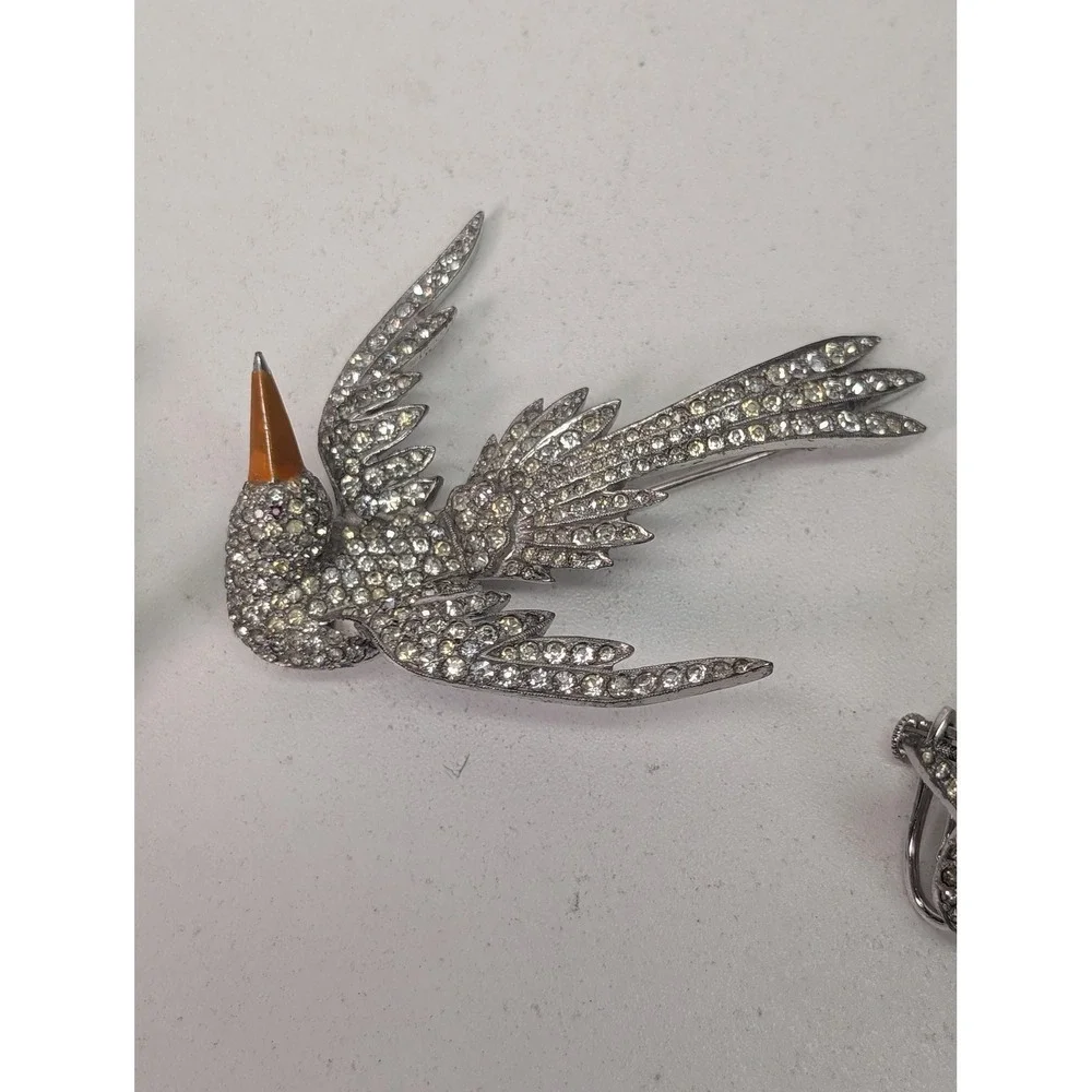 Bird Swallow Brooch Set Silver Tone White Rhinestone Figural 3 Piece Pin Sparkle